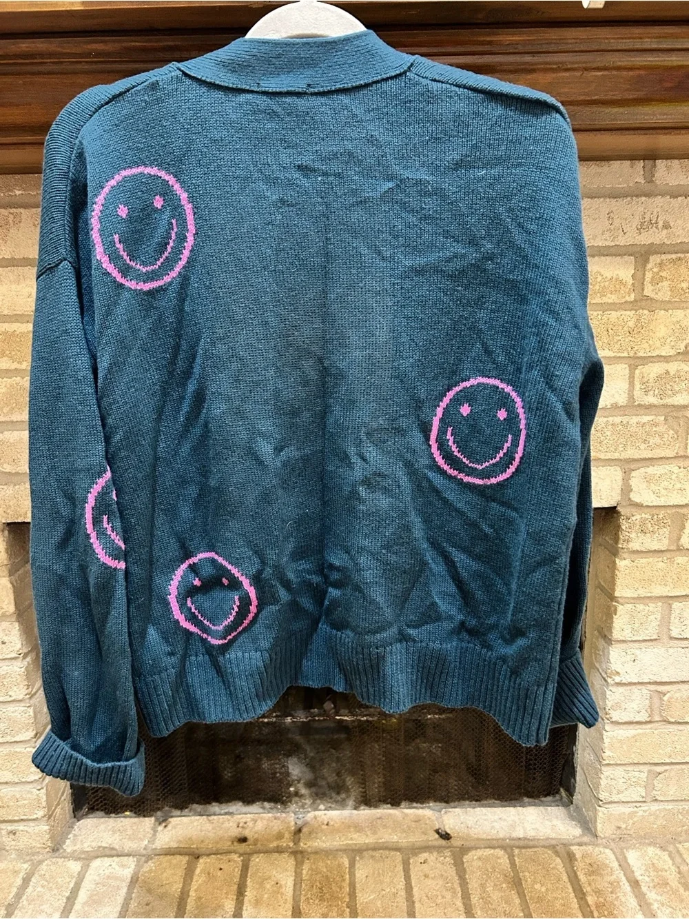 Rails Teal V-Neck Cardigan with Pink Smiley Details EUC